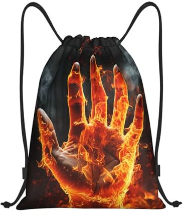 Dwrepo Rucksack mit Kordelzug und Feuerflamme und Handabdruck, wasserdicht, für Damen und Herren, Schwarz, M