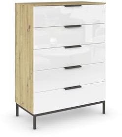 Rauch Möbel Flipp, Hochkommode mit viel Stauraum für Flur, Wohnzimmer, Schlafzimmer, mit Metallkufe graphit, Eiche Artisan/Glasfront Weiß, Holz, 5 Schubladen, Griffe graphit, 80x111x42cm