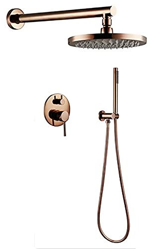 Duschsystem Roségold, rundes Duschkopfsystem mit Hand-Kombi-Set, Wand-Duscharmatur-Set komplett mit Messingventil, 12 Zoll (Größe: 10 Zoll) (einfarbig 8 Zoll)