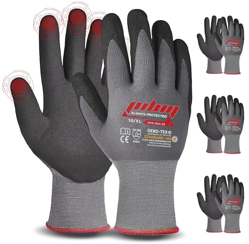 Pilim Microfoam Nitrile Safety Gloves Work Gloves - 3 Pairs Size 10/XL with Secure Grip Gloves Ideal for Mechanics, Construction and Gardening - Available in 3, 6, or 12 Packs