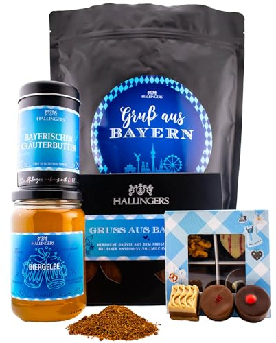 Hallingers Gruß aus Bayern XXL - Bayern Wundertüte XXL Geschenkset Biergelée, Kräuterbutter Gewürz, Pralinen & Tafel Schokolade (Bag) - Geschenk im Sommer & als perfektes Grillgeschenk | Geburtstag Gl