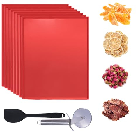 8PCS Silicone Dehydrator Trays for Fruit Leather 12 x 10 Inch Non-stick Dehydrator Mats with Edge for Fruit Vegetables Meat Herbs Liquid Crackers with Silicone Scraper and Cutter Wheel