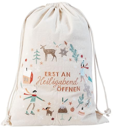 Papierdrachen Weihnachten großer Geschenksack Beige-Pastell | Edel bestickt - ideal zum Verpacken von Geschenken - 50x70 cm - mit Zugband - Cheerful Christmas - Wiederverwendbar