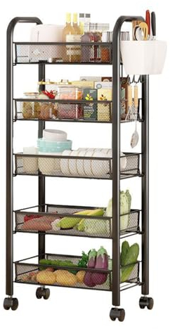 Calager 5 Tier Storage Trolley Cart,Stackable Metal Mesh Rolling Utility Cart,Slide Out Storage Trolley on Wheels,Fruit Vegetable Storage Basket Mobile Shelving for Kitchen,Bathroom,Laundry (Black)
