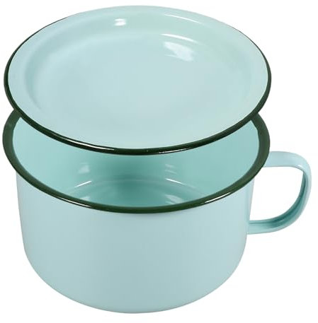 IMIKEYA Emaille Schüssel mit Henkel und Deckel - Vintage Ramen Schüssel Emailleware 1.6 L - Emaille Salatschüssel Suppenschüssel Becken - Grün