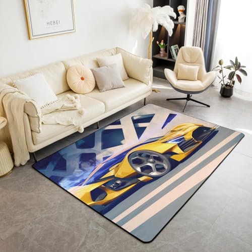 Jungen Sport Auto Teppich Gelb Rennauto Indoor Bodenmatte 100Bx150L Extreme Sportfahrzeuge Dekorativer Teppich Grau Beige Geometrische Streifen Dekorativer Akzent Teppich für Kinder Kinder Teens