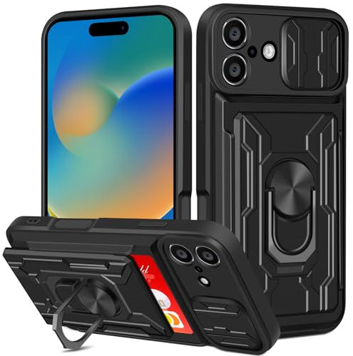 Aolcev for iPhone 16 Case with Card Holder Slot Wallet Case with Slide Camera Cover Ring Kickstand Heavy Duty Hard PC Soft TPU Bumper Armor Shockproof Protective Case Cover for iPhone 16-Black