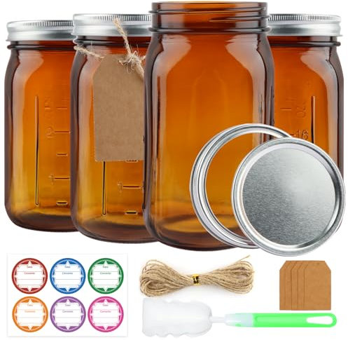 CARBLIN 2 Pack Mason Jars 32 oz, Amber Wide Mouth Canning Jars with Airtight Lids, Glass Pint Jars with Bands Labels Brush, Large Storage Quart Jars for Jam Fermenting Preserving