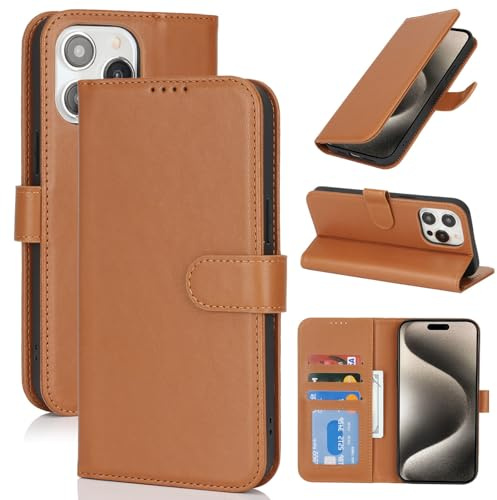 Zouzt Wallet Case for iPhone 15 Pro Max (6.7), Card Holder, Light Brown | Premium PU Leather, with Credit Slot, Shockproof TPU Shell, Magnetic Closure, Protective Flip Folio Phone Cover, Women Men