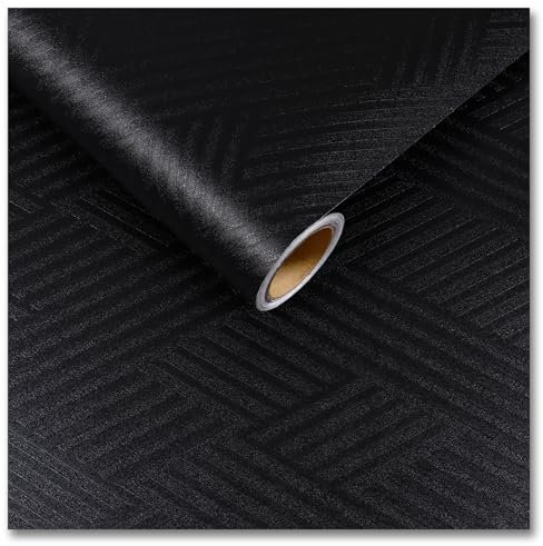 CRE8TIVE Black Geometric Wallpaper Textured Peel and Stick Wallpaper for Living Room 30cm x 200cm Glossy Contact Paper Self Adhesive Bathroom Wall Paper Waterproof Vinyl Wrap for Furniture Cabinet