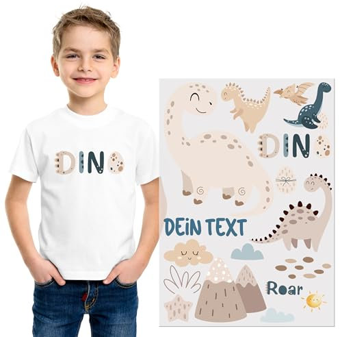 GRAZDesign Bügelbild Dino Set Boho mit Namen DIN A4 Aufbügler Dinosaurier Bügelbild für Jungs