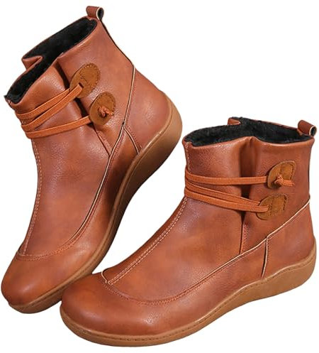 Botas de mujer planas de piel sintética suave botines de tobillo suave y cómodo zapatos medievales vintage con cordones con cremallera lateral botas de invierno y nieve impermeables, 11 marrón, 38 EU