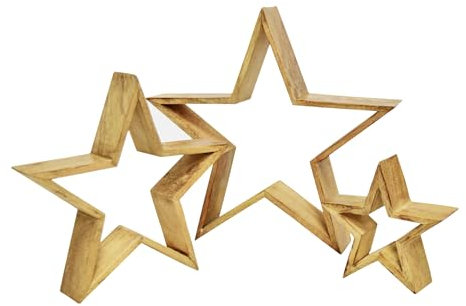 Spetebo Mango Holz Stern Aufsteller 3er Set Natur - 39/29 / 20 cm - Holz Weihnachtstern Tisch Deko - Advent Winter Weihnachten Tisch Fenster Dekoration