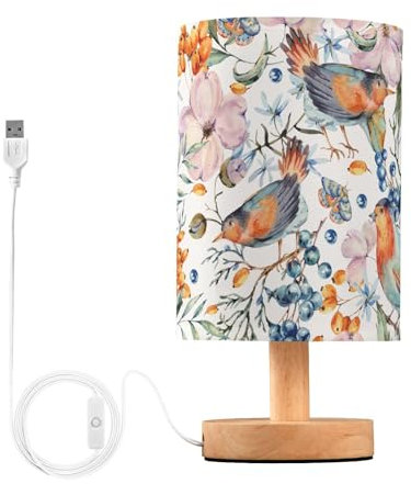 Mnsruu Lampe de chevet rose fleur de cerisier baies oiseaux tropicaux lampes de chevet LED lampe de bureau abat-jour en tissu petite lampe pour chambre à coucher salon (ampoule incluse)