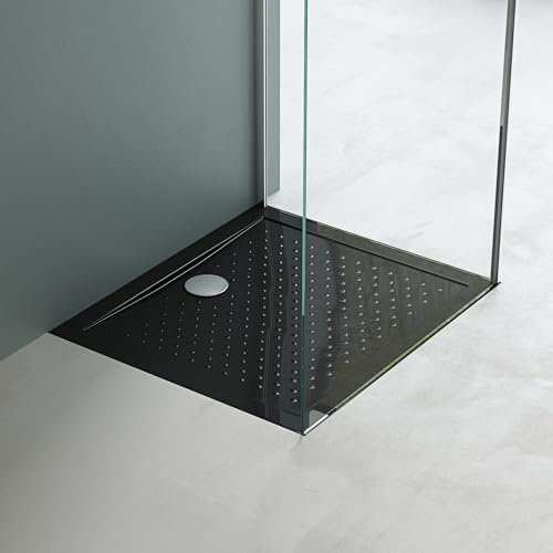 Mai & Mai Piatto Doccia 70x80x4 cm con Piletta di Scarico Inclusa (AL01)| Superficie Antiscivolo | Acrilico Nero Rettangolare Lucia02AR