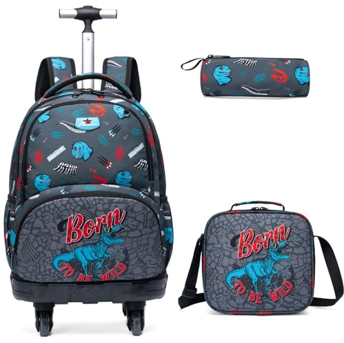 Egchescebo Rucksack mit Rollen Kinderkoffer Jungen Kinder Koffer Schwenkbare Kindertrolley Trolley Groß Schultasche Handgepäck Kindergepäck 3pcs Geeignet für Grundschüler Schultrolley Dinosaurier Blau