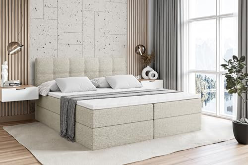 ALTDECOR Boxspringbett mit Matratze und Lattenrost, Boxbett, Topper, Polsterbett mit Bettkasten, Bett mit Stauraum H4-Matratze, Doppelbett, Springboxbett - Marce - 200x200 - Beige