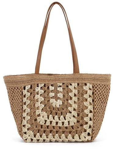 EVEOUT Bolso Tote Rafia para Mujer Verano Bohemio Ligero Grande Shopper Tejido Bolsos de Hombro Paja para Playa Vacaciones Viaje Diario