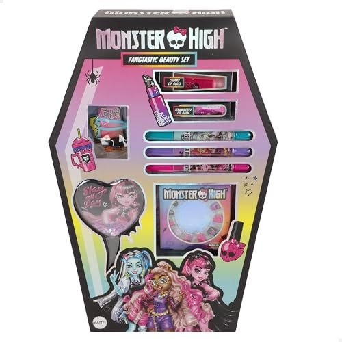 ColorBaby Monster High Set di Bellezza, Spazzola, Tatuaggi, Unghie finte, Pinze e Elastici, Gessetti colorati Capelli, Orecchini Adesivi, Brillantezza e Balsamo Labbra, Trucco per Bambini, 3 anni e
