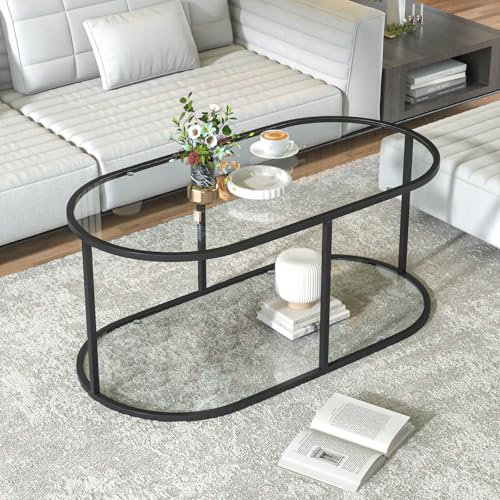 Wolawu Mesa de centro de cristal negro para sala de estar, mesa central ovalada de 2 niveles con marco de metal resistente, mesa moderna de cristal templado para dormitorio, oficina en casa