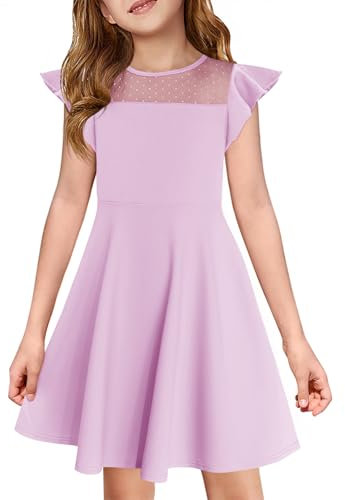 Haloumoning Vestido de niña con volantes de princesa, vestido de fiesta de malla, línea A, vestido de verano para boda, vestido de cumpleaños para niños, con bolsillo, violeta claro, 130