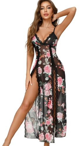 Tomkids Women Sexy Lingerie Lace Babydoll Mesh Long Chemise V-Neck Sleepwear Mesh Nightdress High Side Slit Nightwear