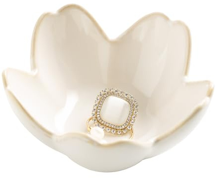 Flower Ring Holder Dish, Ceramic Jewelry Tray Dish, Small Trinket Dish, Jewelry Plate Bowl, Cute Jewlery Ring Holder Dish, Aesthetic Room Decor, Christmas Birthday Gifts for Women, 1 pack (white)