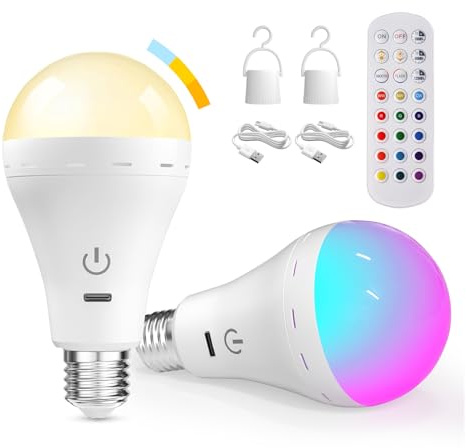 BrightArk Lampadina Ricaricabile E27 USB Con Telecomando, RGB 12+3 Temperature di Colore Dimmerabile Lampadina LED E27 Ricaricabile per Luce di Emergenza Casa ed Esterni (2 Pezzi)