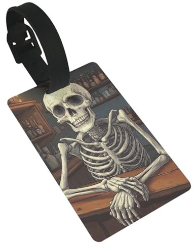 Gepäckanhänger mit Skelettmotiv am Tresen – Halloween-Motiv, gruselige Namensschilder für Koffer, ideal für Reisen, Kreuzfahrten, Rucksäcke und Taschen.