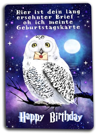 TinyTami Magische Geburtstagskarte weisse Eule Hedwig mit Brief Premium 450 g/m² Hochglanz 10 x 15 cm Fantasy-Motiv Grußkarte für Fans mystischer Welten & Zauberschule