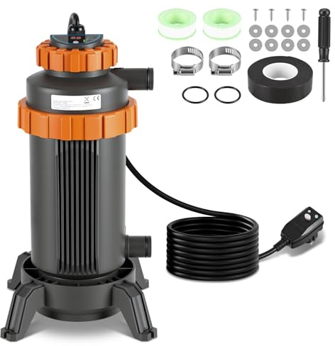 ISOISL Poolheizung Elektrisch, Ø 17 x 42 cm, 3KW Elektrische Poolheizung mit Digitalanzeige, FI-Schutz, Kippschutz, Schwer Entflammbarem Gehäuse, 32–38 mm Anschluss, Heizung bis 45 °C, inkl. Zubehör