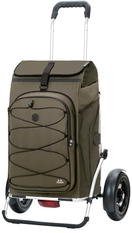 ANDERSEN Einkaufstrolley - Royal Sh. Plus Fado 3.0 Oliv | Fahrradanhänger, Luftbereifung, aus Alu, bis 50 kg - Tasche großes Volumen, Thermofach, Regencape, 74 L