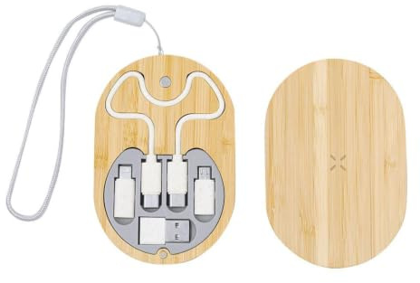 Sawfish Personalised Charger Eliot 15W Bamboo Wireless Charger with Multi Charging Cable Kit, Wireless Charging Pad, USB-C, Lightning & Micro USB Adapters