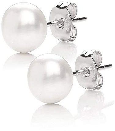 MABELLA 925 Sterling Silver AAA Genuine Freshwater Cultured Pearl White Button Stud Earrings Jewelry Gifts for Women 8mm
