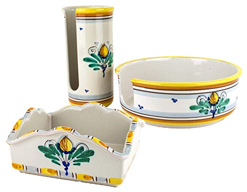 Set 3 pz. Porta piatti + Porta bicchieri + Portatovaglioli in ceramica siciliana di Caltagirone fatta a mano