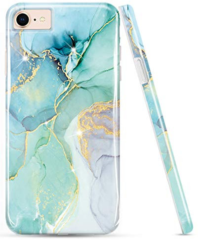 Luolnh Compatible with iPhone SE 2022, 2020, 7, 8 Case - Bling Glitter Sparkle Marble Design Bumper Glossy Cover for iPhone SE 2020, 6, 7, 8 (Abstract Blue & Green)