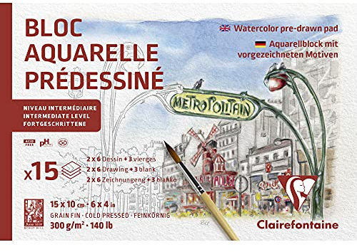 Clairefontaine 975727C Bloc Collé Aquarelle Prédessiné - 15 Feuilles Papier Aquarelle Blanc Grain Fin - 2x 6 Feuilles Prédessinées et 3 Feuilles Vierges - Thème Paris - 10x15 cm 300g