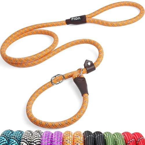 Fida Slip-on Dog Lead | 1.8m, One-Size-Fits-All. Easy to Slip On, No Collar or Harness Needed. Durable & Weather Resistant Climbers Rope with Reflective Stitching (Orange)