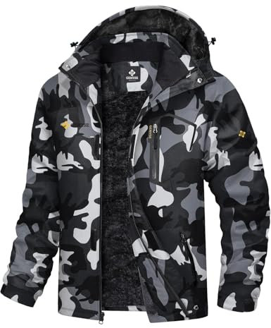 GEMYSE Herren Berg-Skijacke Wasserdicht Winddicht mit Kapuze Fleece Outdoor Winterjacke (Camouglage 01,L)