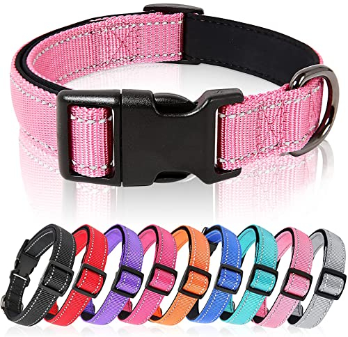 HEELE Hundehalsband, Hundehalsband aus Nylon, Reflektierend Halsband Hund mit Weich Neopren Gepolstert für Welpen Kleine Mittel Große Hunde Läng Einstellbereich 26-38cm, Pink, S