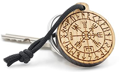 Laserfaktur Schlüsselanhänger Vegvisir aus Eichenholz | Wikinger Kompass | Runen | Eiche