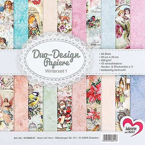 Ideen mit Herz Duo-Design-Papiere | Block mit 20 Blatt Bastelpapier | 25 x 25 cm | 250g/m² | beidseitig bedruckt | Designpapier, Motivpapier | ideal für Scrapbooking, Basteln (Winterzeit 1)