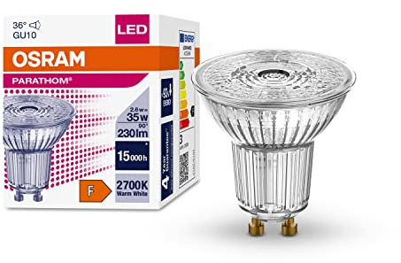 OSRAM LED-Reflektorlampen mit GU10 Sockel | energiesparend, langer Lebensdauer 15.000 H, Abstrahlwinkel 36°, warm weiß | PAR16 35 36 ° 2.6 W/2700 GU10