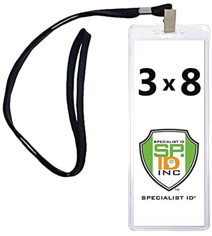 2 Stück – robuster 7.6x20.3 cm Ticket-Ausweishalter mit Umhängeband – transparenter Kunststoff, extra große Kartenhülle für Konzerte, Sportveranstaltungen, Pass und mehr von Specialist ID (schwarz)