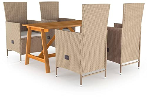 Tidyard 5-TLG. Garten Essgruppe für 4 Personen, Poly Rattan Sitzgruppe, Massivholz Esstisch & 4 Verstellbare Hochlehner Stühle mit Sitzkissen, Terassenmöbel/Gartenmöbel Set Beige