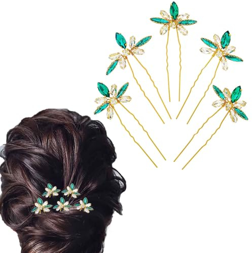 Flayem Haarschmuck Grün Hochzeit Braut Strass Haarnadeln Kristall Blatt(5 Pezzi)