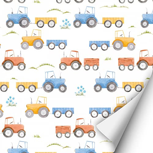 2 x 0,9 m Selbstklebende Folie - Traktor (16,66 €/qm) Klebefolie Dekorfolie Möbelfolie Junge Mädchen rot gelb und blau Trecker mit Hänger Kinderzimmer Dekoaufkleber für Glatte Oberflächen