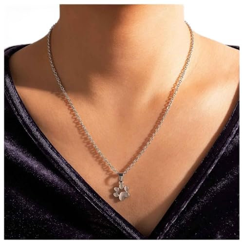 Dervivea Vintage Pfotenabdruck Chokerhalskette Hund Katze Panda Fußabdrücke Halskette Silberdruck Anhänger Halskette Minimalistische Tierpfotenabdruck Halskette Schmuck für Frauen und Mädchen
