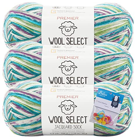 Premier Wool Select Jacquard Sockengarn – Morning Glory – 3er-Pack Bündel mit Bellas Crafts Maschenmarkierern