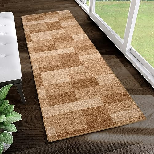 TAPISO Anti Rutsch Teppich Läufer rutschfest Brücke Meterware Modern Braun Beige Gelb Vierecke Geometrisch Design Flur Küche Wohnzimmer Diele 67 x 100 cm